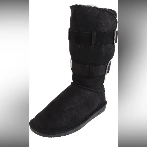 BearPaw Black Sheepskin Suede Leather Lace-Up Mid-Length Tall Shearling Boots