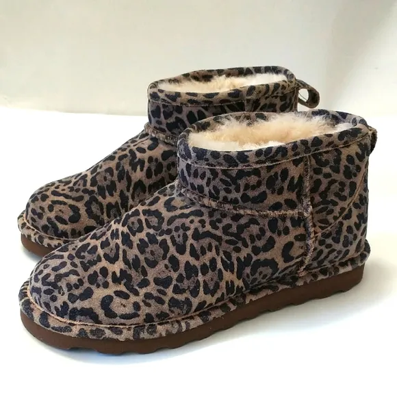 BEARPAW Leopard Print Ankle Boots with Fur Lining
