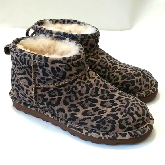 BEARPAW Leopard Print Ankle Boots with Fur Lining