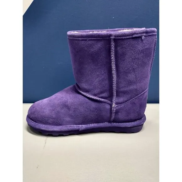 BEARPAW Shearling Boots Youth Size 5 Purple Solid Suede Leather Faux Fur Pull-On