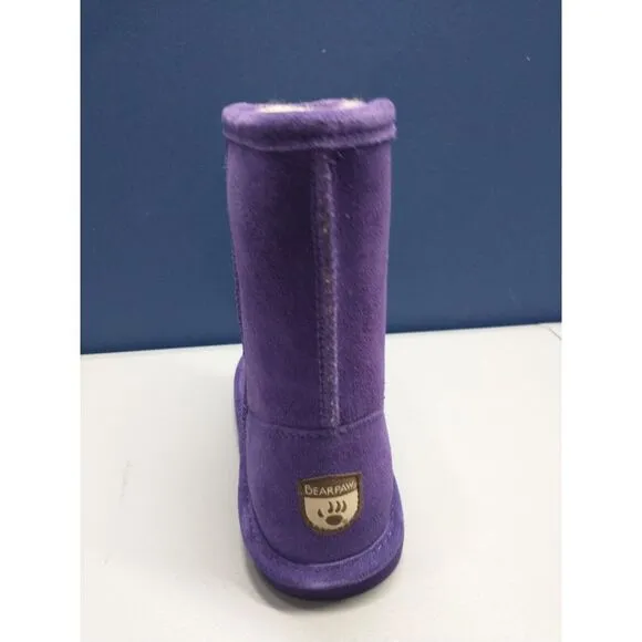 BEARPAW Shearling Boots Youth Size 5 Purple Solid Suede Leather Faux Fur Pull-On
