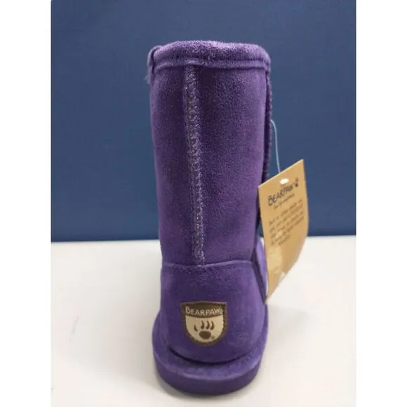 BEARPAW Shearling Boots Youth Size 5 Purple Solid Suede Leather Faux Fur Pull-On
