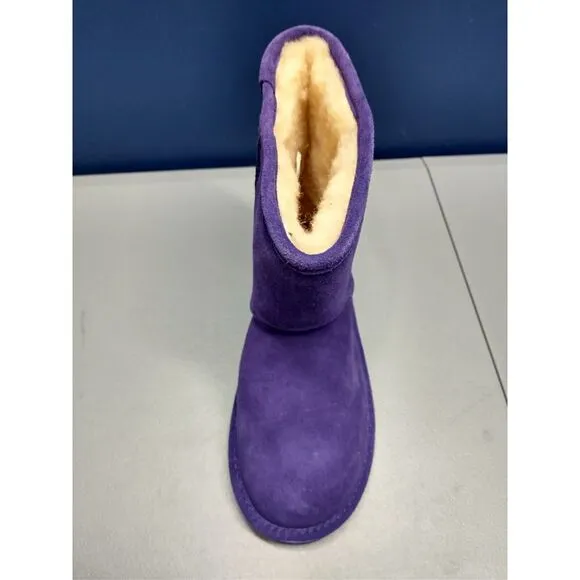 BEARPAW Shearling Boots Youth Size 5 Purple Solid Suede Leather Faux Fur Pull-On