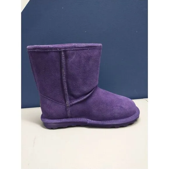 BEARPAW Shearling Boots Youth Size 5 Purple Solid Suede Leather Faux Fur Pull-On