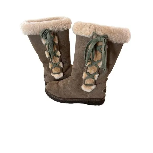 Bearpaw Vintage Y2K Suede Faux Fur Lined Mocassin Boots Paisley Print/Tie Up 7