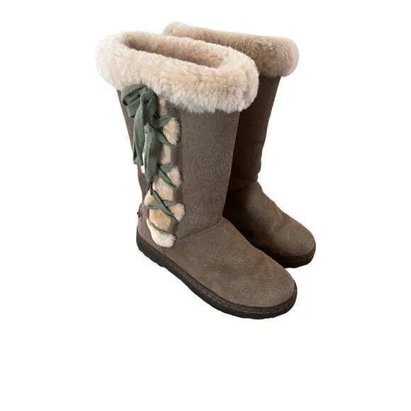 Bearpaw Vintage Y2K Suede Faux Fur Lined Mocassin Boots Paisley Print/Tie Up 7