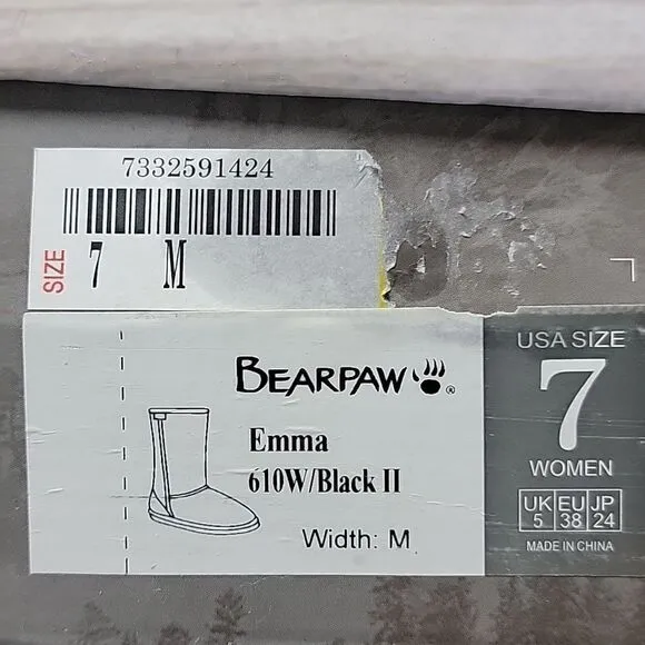 BEARPAW EMMA 610W/BLACK II FAUX FUR BOOTS, SIZE 7 - NEW IN BOX