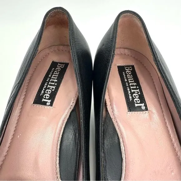 BEAUTIFEEL BLACK LEATHER CLOSED ALMOND TOE KITTEN HEEL ANTISLIP PUMPS