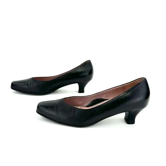 BEAUTIFEEL BLACK LEATHER CLOSED ALMOND TOE KITTEN HEEL ANTISLIP PUMPS