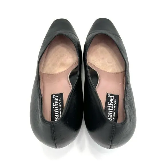 BEAUTIFEEL BLACK LEATHER CLOSED ALMOND TOE KITTEN HEEL ANTISLIP PUMPS
