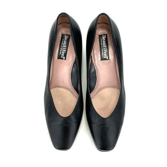 BEAUTIFEEL BLACK LEATHER CLOSED ALMOND TOE KITTEN HEEL ANTISLIP PUMPS