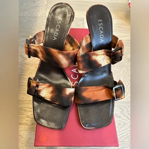 Beautiful and very comfortable pair of Escada Animal Print fabric Wedge Sandals!