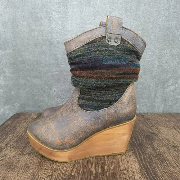 BedStu Bruges Platform Wedge Boots 8.5 Blue Red Multi Slouch Fabric Leather Wood