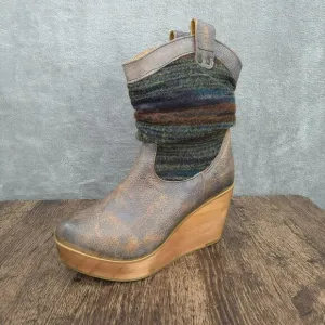 BedStu Bruges Platform Wedge Boots 8.5 Blue Red Multi Slouch Fabric Leather Wood