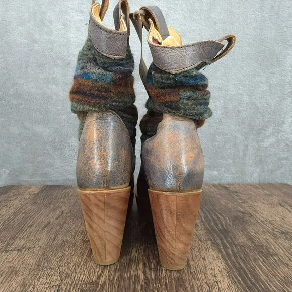 BedStu Bruges Platform Wedge Boots 8.5 Blue Red Multi Slouch Fabric Leather Wood