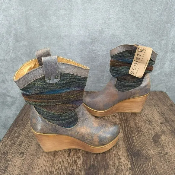 BedStu Bruges Platform Wedge Boots 8.5 Blue Red Multi Slouch Fabric Leather Wood