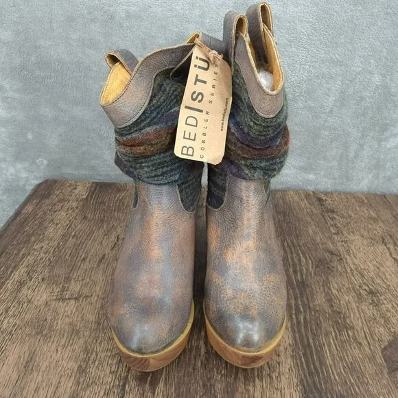 BedStu Bruges Platform Wedge Boots 8.5 Blue Red Multi Slouch Fabric Leather Wood