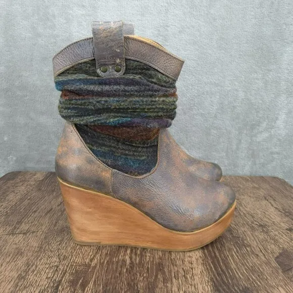 BedStu Bruges Platform Wedge Boots 8.5 Blue Red Multi Slouch Fabric Leather Wood