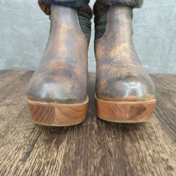 BedStu Bruges Platform Wedge Boots 8.5 Blue Red Multi Slouch Fabric Leather Wood