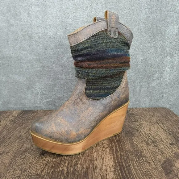 BedStu Bruges Platform Wedge Boots 8.5 Blue Red Multi Slouch Fabric Leather Wood