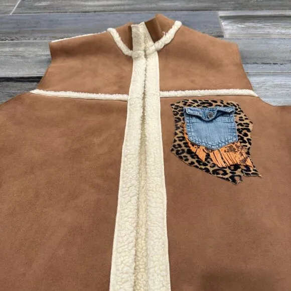 Beige Teddy Lined Faux Suede Vest with Leopard Print Upcycled Pocket Boho Chic