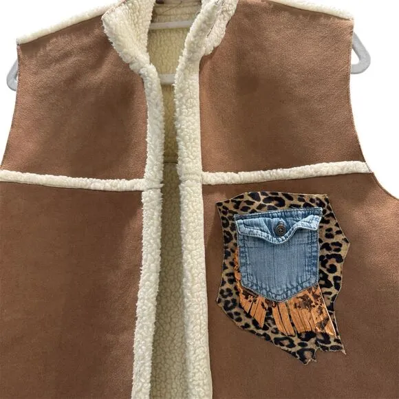 Beige Teddy Lined Faux Suede Vest with Leopard Print Upcycled Pocket Boho Chic