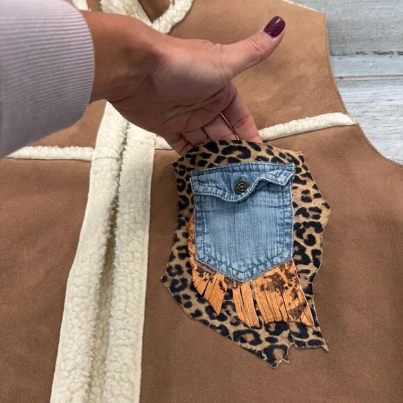 Beige Teddy Lined Faux Suede Vest with Leopard Print Upcycled Pocket Boho Chic