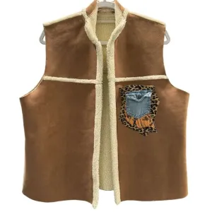 Beige Teddy Lined Faux Suede Vest with Leopard Print Upcycled Pocket Boho Chic