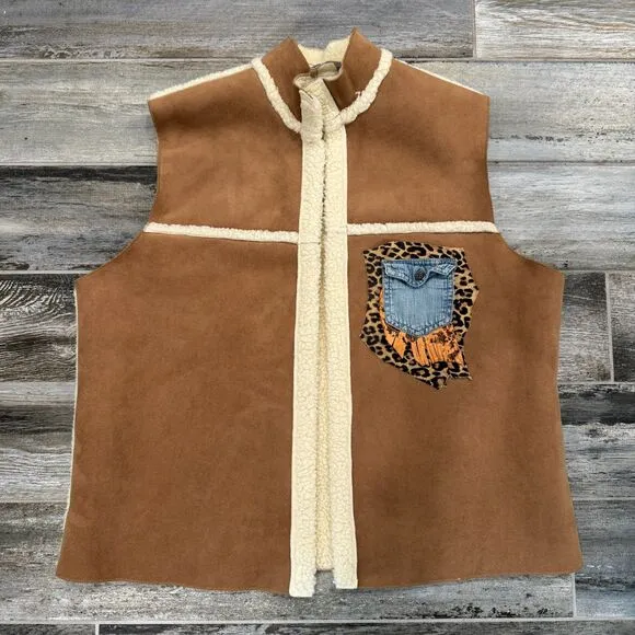 Beige Teddy Lined Faux Suede Vest with Leopard Print Upcycled Pocket Boho Chic