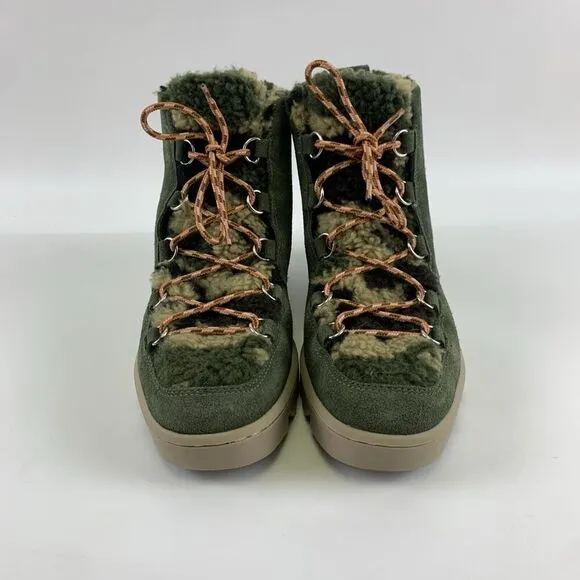 Bernardo Dana Green Suede Ankle Boots Lace Up Camo Faux Fur Lined Womens 6.5