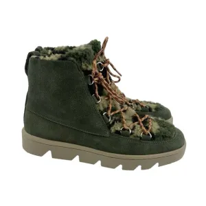 Bernardo Dana Green Suede Ankle Boots Lace Up Camo Faux Fur Lined Womens 6.5