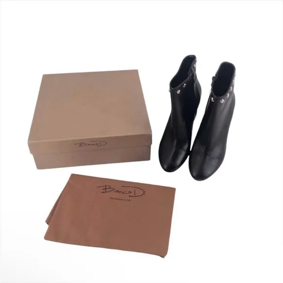 Bianca Di Ankle Bootie Studded Studs Black Leather Womens EU 38 NIB $175