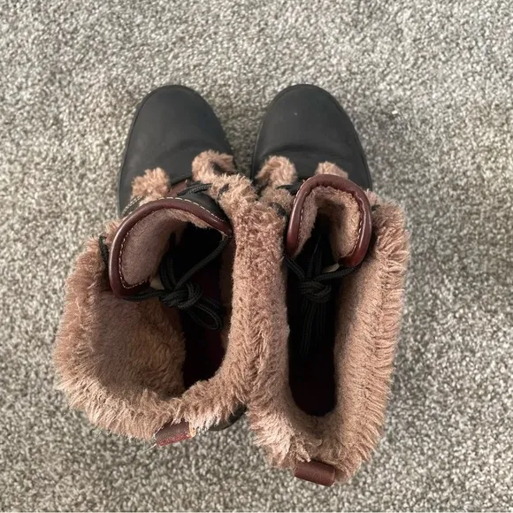 Bionica Wedge Boots Womens Sz 8.5 W Genova Black Nubuck Leather Brown Faux Fur