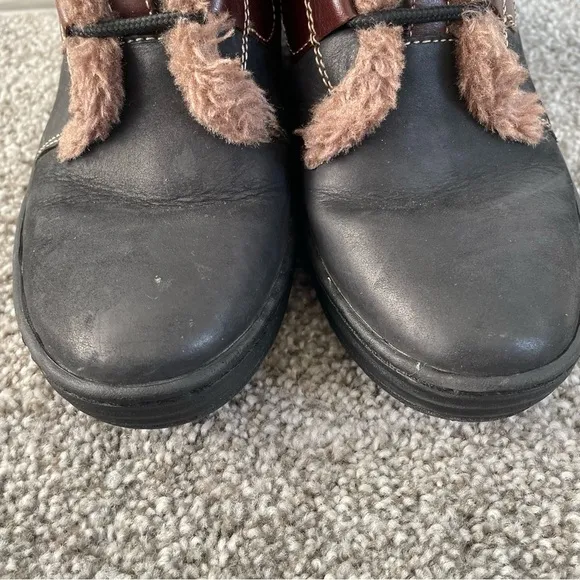 Bionica Wedge Boots Womens Sz 8.5 W Genova Black Nubuck Leather Brown Faux Fur