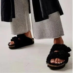 Birkenstock Arizona Teddy Shearling Platform Sandals Black Big Buckle 38 US 7