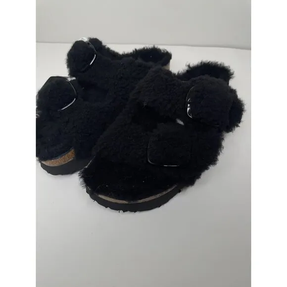 Birkenstock Arizona Teddy Shearling Platform Sandals Black Big Buckle 38 US 7