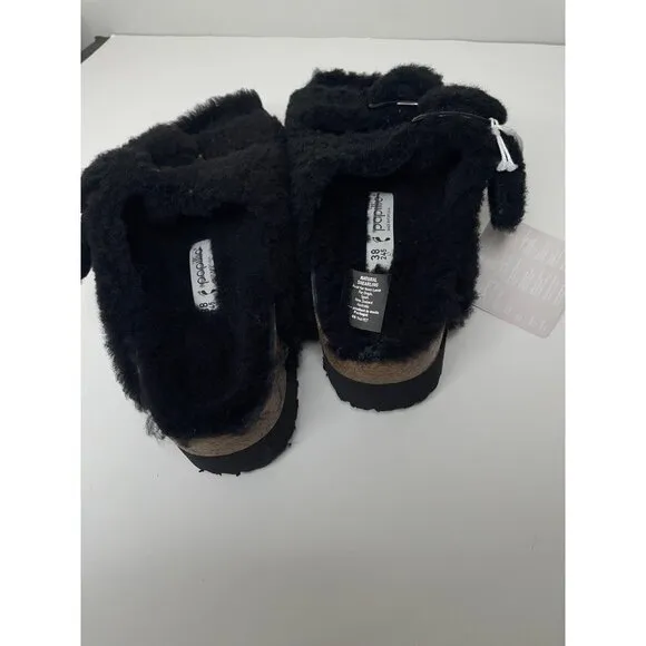 Birkenstock Arizona Teddy Shearling Platform Sandals Black Big Buckle 38 US 7