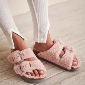 Birkenstock Arizona Teddy Shearling Platform Sandals Pink Big Buckle 38 US 7