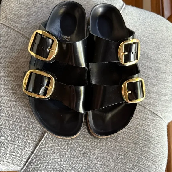 Birkenstock Black Sandals with Gold Buckles