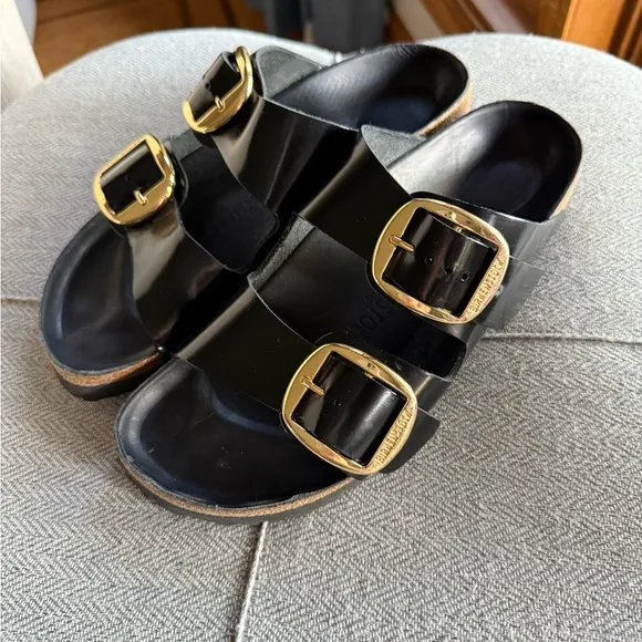 Birkenstock Black Sandals with Gold Buckles