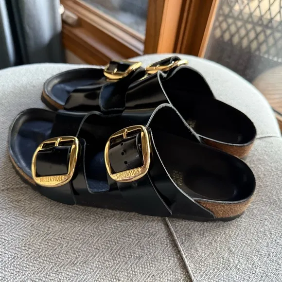 Birkenstock Black Sandals with Gold Buckles