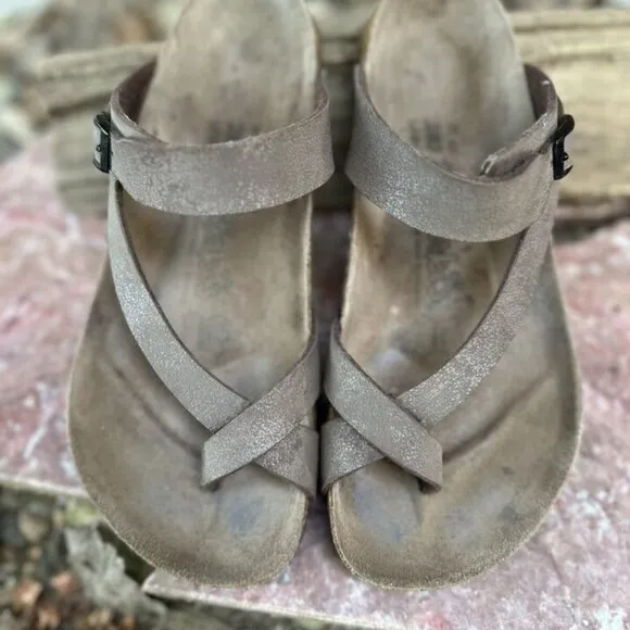 Birkenstock MAYARI Sz 37/ 6 W Mocca Birko-Flor Buckled Slide Sandals Fast Ship