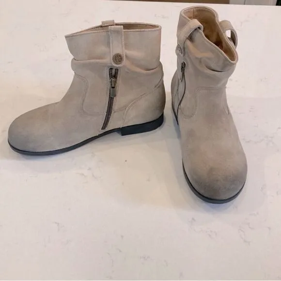 Birkenstocks Sarnia Taupe Oiled Leather Suede Distressed Western Boots size 36