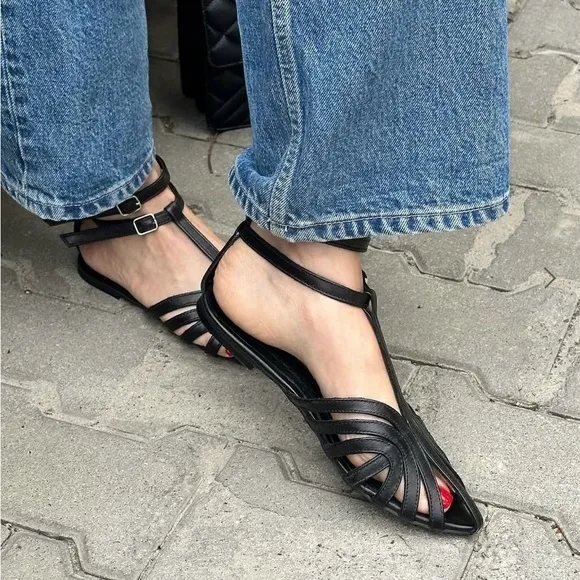 Black Leather Slingback Sandals with Cage Design
