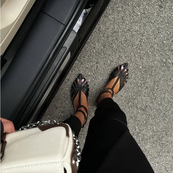 Black Leather Slingback Sandals with Cage Design