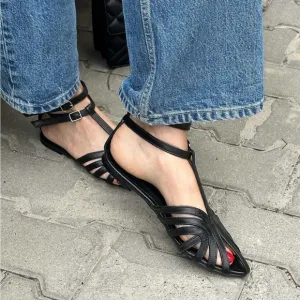 Black Leather Slingback Sandals with Cage Design