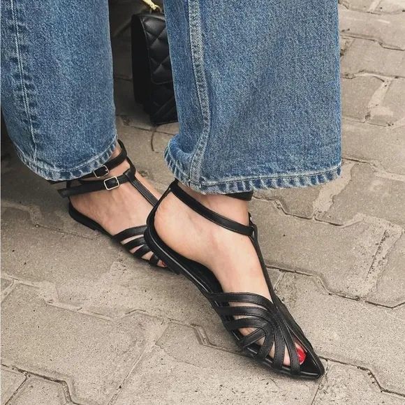 Black Leather Slingback Sandals with Cage Design