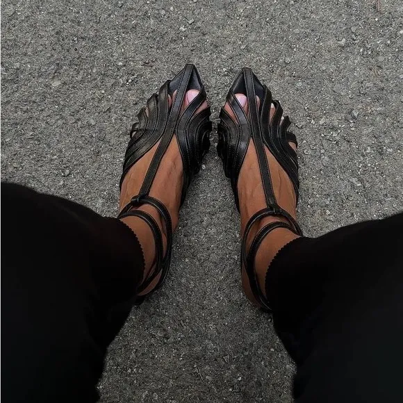 Black Leather Slingback Sandals with Cage Design
