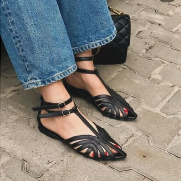 Black Leather Slingback Sandals with Cage Design