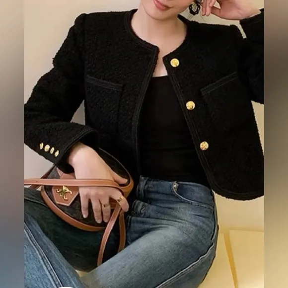 Black Tweed Wool Blend Cropped Women’s Blazer size S
